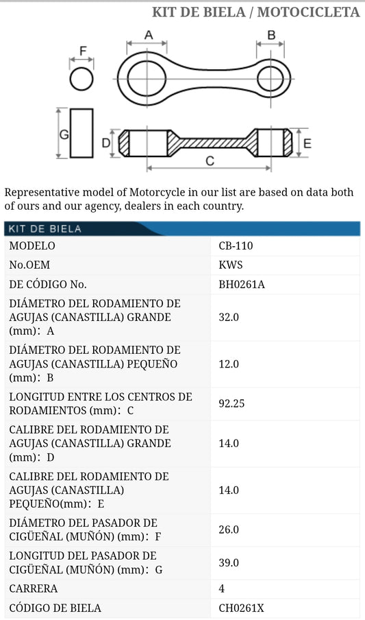 BIELA KIT HONDA CB110 TKRJ JAPON REFERENCIA KWS