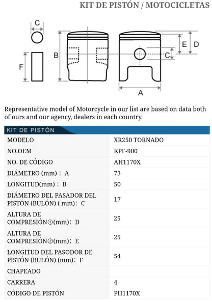 PISTON KIT HONDA XR250 TORNADO 1.00 TKRJ JAPON REFERENCIA 13105-KFP-900